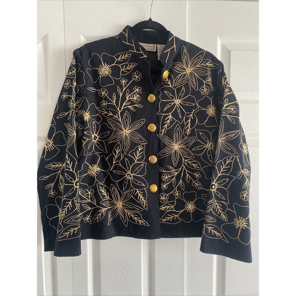 New Direction  Embroidered Floral Jacket Womens Size L Black Gold Sequin